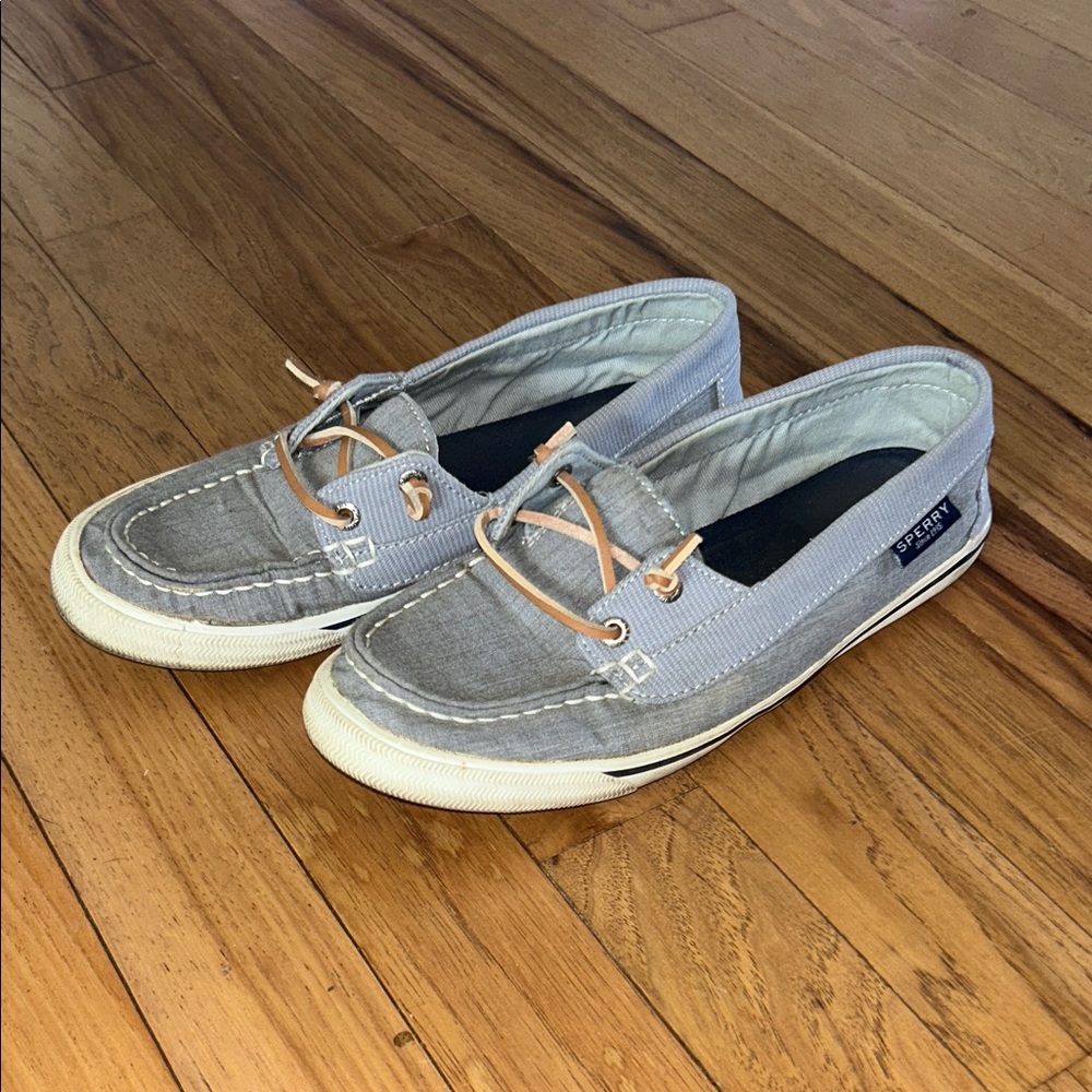 Sperry Light Gray Canvas Boat Shoes with Tan Laces